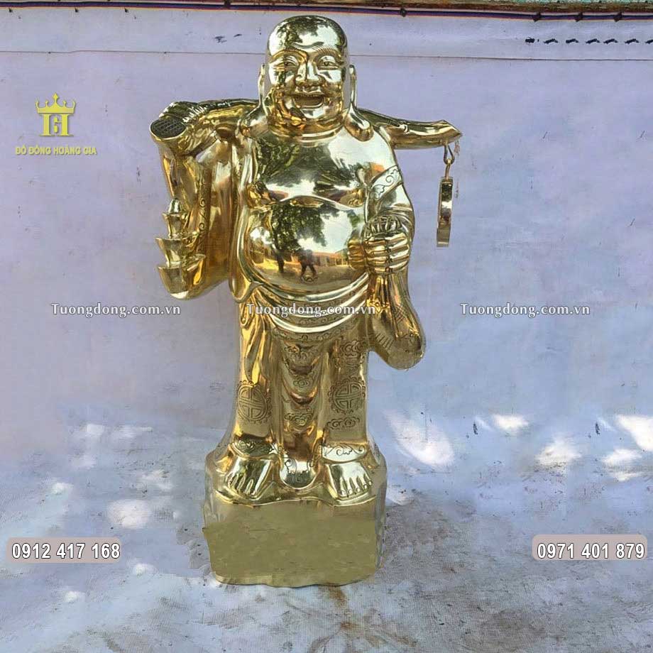 Tượng Phật Di Lặc Đứng Gánh Tiền Bằng Đồng Vàng Cát Tút Cao 70Cm